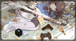 Rule 34 | 1girl, bird, black gloves, black hair, blue archive, blue shirt, bolt action, closed mouth, full moon, gloves, gun, handgun, headband, highres, knee pads, leaf, long sleeves, looking at viewer, lying, miyu (blue archive), moon, mosin-nagant, on side, pantyhose, pink hair, playstation controller, rifle, school uniform, shirt, shoes, single knee pad, skirt, sneakers, solo, viewfinder, weapon, white footwear, white pantyhose, white skirt, wulala