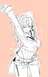 Rule 34 | arms up, belt, blush, breasts, cowboy shot, esu (transc), closed eyes, large breasts, monochrome, multiple necklaces, neo politan, pants, rwby, sketch, solo, stretching, tan background, trembling, waist cape