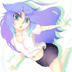 Rule 34 | 1girl, :o, ahoge, barefoot, blue hair, gradient hair, green eyes, huge ahoge, long hair, looking at viewer, midriff, multicolored hair, navel, original, outstretched arms, purple hair, shirt, skirt, solo, sts, white shirt