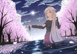 Rule 34 | 1girl, bad id, bad pixiv id, blonde hair, blue eyes, cherry blossoms, cloud, detached sleeves, gradient hair, highres, ia (vocaloid), long hair, moon, multicolored hair, night, pink hair, pleated skirt, reflection, skirt, solo, star (sky), tsuhiki koyomi, very long hair, vocaloid, wading, water