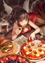 Rule 34 | 1girl, alcohol, bag of chips, bare arms, bare shoulders, black hair, blush, bottle, bow, breasts, brown pantyhose, burger, checkered floor, chips (food), commentary, cup, dress, drinking glass, english commentary, feathered wings, fingernails, food, french fries, hair bow, high heels, high ponytail, highres, holding, holding food, indoors, legs up, long hair, looking at viewer, lying, medium breasts, nail polish, nanatsu no taizai, newspaper, okuma mai, on stomach, open mouth, original, pantyhose, pizza, pizza slice, ponytail, potato chips, pumps, purple eyes, red bow, red dress, red footwear, red nails, shoes, solo, steak, table, v-shaped eyebrows, white wings, wine, wine glass, wings