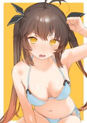 1girl antenna_hair bikini black_ribbon blush breasts brown_hair clenched_hand commentary girls&#039;_frontline gradient_hair hair_between_eyes hair_ribbon highres long_hair looking_at_viewer m14_(girls&#039;_frontline) medium_breasts multicolored_hair open_mouth ribbon sakieko side-tie_bikini_bottom sidelocks simple_background solo swimsuit twintails two-tone_background very_long_hair white_bikini yellow_eyes