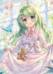 Rule 34 | 1girl, :d, akabane (zebrasmise), animal, bear hair ornament, blush, bow, breasts, bug, butterfly, collared dress, commentary request, dress, flower, green eyes, green hair, hair bow, hair flower, hair ornament, head tilt, highres, indoors, insect, falling leaves, long hair, long sleeves, looking at viewer, morinaka kazaki, nijisanji, open mouth, pennant, pink bow, puffy long sleeves, puffy sleeves, skirt hold, sleeves past wrists, small breasts, smile, solo, sparkle, star (symbol), string of flags, stuffed animal, stuffed toy, teddy bear, tree, very long hair, virtual youtuber, white dress, white flower, window