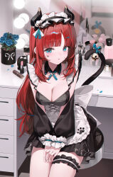 Rule 34 | 1girl, absurdres, alternate costume, apron, bell, black dress, black horns, blue eyes, blush, breasts, cat tail, cleavage, commentary, detached sleeves, dress, facial mark, fake horns, fake tail, genshin impact, hair ornament, hairclip, highres, horns, indoors, jenil, long hair, long sleeves, looking at viewer, medium breasts, nilou (genshin impact), open mouth, parted bangs, paw print, puffy long sleeves, puffy sleeves, red hair, solo, tail, tail bell, tail ornament, waist apron, white apron, white headdress