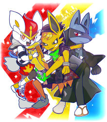 Rule 34 | 3boys, animal ears, animal hands, animal nose, artist name, bandaid, bandaid on face, black eyes, black fur, black hakama, black shorts, blue fur, blush, body fur, bright pupils, brown footwear, buck teeth, candy, cellphone, chromatic aberration, cinderace, closed mouth, clothed pokemon, creatures (company), cross-laced footwear, drawstring, eating, fang, flame print, food, full body, furry, furry male, game freak, gen 1 pokemon, gen 4 pokemon, gen 8 pokemon, green footwear, green kimono, green shirt, hakama, half-closed eyes, haori, happy, highres, holding, holding phone, hood, hood down, hood up, hooded jacket, initial, invisible chair, jacket, japanese clothes, jolteon, kiki (431642), kimono, kneehighs, leg up, light blush, lollipop, looking at viewer, lucario, male focus, matching hair/eyes, mouth hold, multicolored background, multicolored footwear, multiple boys, nintendo, open clothes, open jacket, open mouth, outline, personification, phone, pokemon, pokemon (creature), purple jacket, rabbit boy, rabbit ears, rabbit tail, red eyes, red hair, red shorts, sandals, shirt, shoes, short hair, short sleeves, shorts, sitting, smartphone, smile, snout, socks, spiked hair, standing, standing on one leg, sweatband, teeth, twitter username, two-tone fur, watermark, white fur, white hair, white jacket, white outline, white pupils, white socks, wolf boy, wolf ears, yellow fur, zouri