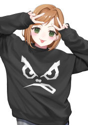 Rule 34 | 1girl, absurdres, arms up, black sweater, blush, closed mouth, commentary request, cowboy shot, double v, ebinomi, green eyes, highres, long sleeves, looking at viewer, original, print sweater, short hair, simple background, sleeves past wrists, smile, solo, sweater, tongue, tongue out, upper body, v, white background