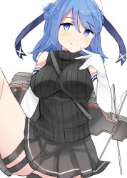 Rule 34 | 10s, 1girl, alternate costume, beret, between breasts, black skirt, black sweater, blue eyes, blue ribbon, breasts, double bun, elbow gloves, gloves, hair between eyes, hat, jirou (tamaho39), kantai collection, large breasts, looking at viewer, mecha musume, pleated skirt, ribbed sweater, ribbon, sailor hat, simple background, skirt, sleeveless, sleeveless turtleneck, smile, solo, strap between breasts, sweater, sweater vest, thighs, turtleneck, urakaze (kancolle), white background