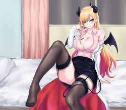Rule 34 | 1girl, bed, black horns, black panties, black skirt, black thighhighs, black wings, blonde hair, blush, breast tattoo, breasts, center frills, chinese commentary, cleavage, closed mouth, coat, collarbone, collared shirt, commentary request, demon girl, demon horns, demon tail, demon wings, foot out of frame, frilled shirt, frills, garter straps, green eyes, heart, heart tattoo, highres, hololive, horns, indoors, lab coat, lace, lace-trimmed legwear, lace-trimmed skirt, lace trim, large breasts, long hair, looking at viewer, no shoes, off shoulder, on bed, panties, pink shirt, pointy ears, shiny skin, shirt, sitting, skirt, sleeveless, sleeveless shirt, smile, solo, tail, tattoo, thighhighs, underwear, virtual youtuber, white coat, window, wings, yeklsa, yuzuki choco, yuzuki choco (1st costume)