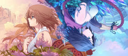 Rule 34 | 00s, 2girls, bare shoulders, beads, blue eyes, brown hair, crystal, diamond dust, dual persona, final fantasy, final fantasy x, final fantasy x-2, flower, highres, md5 mismatch, multiple girls, ponytail, profile, resolution mismatch, rotational symmetry, short hair, source larger, upside-down, yuna, yuna (ff10)