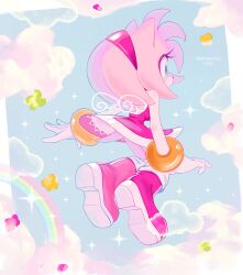 Rule 34 | 1girl, ameusute1002, amy rose, animal ears, animal nose, aqua eyes, artist name, back, bare back, bare shoulders, blue sky, blush, boots, border, bracelet, closed mouth, cloud, cloudy sky, day, dress, eyelashes, furry, furry female, gloves, gold bracelet, hairband, hedgehog ears, hedgehog girl, hedgehog tail, highres, jewelry, looking to the side, mini wings, outdoors, pink dress, pink footwear, pink fur, pink hairband, sky, sleeveless, sleeveless dress, solo, sonic (series), sparkle, tail, white border, white gloves, wings