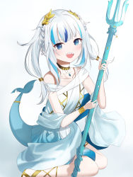 Rule 34 | 1girl, absurdres, ancient greek clothes, blue eyes, blue hair, blush, bracelet, choker, dress, fins, fish tail, gawr gura, gawr gura (party dress), greco-roman clothes, hair ornament, highres, holding, hololive, hololive english, holomyth, jewelry, kneeling, looking at viewer, multicolored hair, necklace, open mouth, polearm, shark tail, sharp teeth, sirim5420, solo, streaked hair, tail, teeth, trident, virtual youtuber, weapon, white background, white hair
