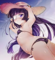 Rule 34 | 10s, 1girl, absurdres, armpits, arms up, ass, back, bare shoulders, bikini, black bikini, black hair, blue sky, blunt bangs, blush, butt crack, day, eyepatch, flat ass, from behind, granblue fantasy, harvin, hat, highres, holding, holding clothes, holding hat, long hair, looking at viewer, looking back, lunalu (granblue fantasy), medical eyepatch, niko (tama), outdoors, pointy ears, purple eyes, side-tie bikini bottom, sky, solo, straw hat, sun hat, swimsuit