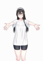 Rule 34 | 1girl, alternate costume, aqua eyes, bike shorts, black hair, black shorts, closed mouth, commentary request, cowboy shot, cropped legs, glasses, hairband, highres, kantai collection, long hair, looking at viewer, ooyodo (kancolle), outstretched arms, palms, semi-rimless eyewear, shirt, short sleeves, shorts, smile, solo, white background, white hairband, white shirt, yuuji (and)