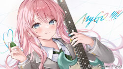Rule 34 | 1girl, bandaid, bandaid on hand, bang dream!, bang dream! it&#039;s mygo!!!!!, blazer, blue eyes, chihaya anon, closed mouth, collared shirt, commentary request, copyright notice, diagonal-striped clothes, diagonal-striped necktie, electric guitar, green necktie, grey jacket, guitar, hair between eyes, higeneko, holding, holding instrument, instrument, jacket, long hair, long sleeves, looking at viewer, necktie, official art, pink hair, plectrum, school uniform, shirt, simple background, smile, solo, striped clothes, upper body, white background, white shirt