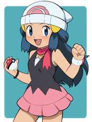 Rule 34 | 1girl, :d, beanie, blue eyes, blue hair, blush, bracelet, clenched hand, commentary request, cowboy shot, creatures (company), dawn (pokemon), eyelashes, game freak, hair ornament, hairclip, hands up, hat, highres, holding, holding poke ball, jewelry, long hair, looking at viewer, nintendo, open mouth, poke ball, poke ball (basic), pokemon, pokemon (anime), pokemon dppt (anime), scarf, sidelocks, sleeveless, smile, solo, tongue, white hat, yume yoroi
