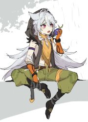 Rule 34 | 1boy, antenna hair, armlet, bad id, bad twitter id, black footwear, boots, corrupted metadata, fangs, food, genshin impact, gloves, green pants, grey hair, hair between eyes, highres, holding, holding food, hood, hood up, long hair, male focus, open mouth, orange gloves, pants, razor (genshin impact), red eyes, scar, scar on arm, scar on face, simple background, sitting, sleeveless, solo, sweat, yu-ri (arium047)