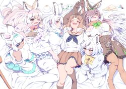 Rule 34 | 6+girls, absurdres, animal ears, arctic hare (kemono friends), arms up, bare shoulders, black hair, blue eyes, breasts, brown eyes, brown hair, closed eyes, closed mouth, coat, detached sleeves, european hare (kemono friends), extra ears, ezo mountain hare (kemono friends), frills, from above, fur collar, fur trim, gloves, hair over one eye, hairband, hand on own cheek, hand on own face, heterochromia, highres, japanese hare (kemono friends), kemono friends, large breasts, long bangs, long hair, looking at viewer, looking up, lying, mamiyama, medium breasts, medium hair, miniskirt, mountain hare (kemono friends), multicolored hair, multiple girls, on back, on side, open mouth, pantyhose, rabbit ears, rabbit girl, rabbit tail, sailor collar, shirt, shorts, sitting, skirt, sleeveless, sleeveless shirt, smile, tail, tan, thighhighs, tsukuyomi shinshi (kemono friends), two-tone hair, very long hair, wariza, white hair, white pantyhose, yellow eyes, zettai ryouiki