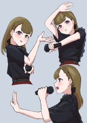 Rule 34 | 1girl, arm up, black shirt, blunt bangs, blush, braid, brown hair, brown skirt, center-flap bangs, commentary, cropped torso, frilled shirt, frills, grey background, hand up, hasu no sora school uniform, hayama fuka, highres, holding, holding microphone, kachimachi kosuzu, link! like! love live!, long hair, looking at viewer, love live!, microphone, multiple views, open hand, open mouth, outstretched arm, pink eyes, profile, school uniform, shirt, short sleeves, side braids, simadaburyu, simple background, skirt, straight hair, teeth, upper teeth only, v-shaped eyebrows, voice actor connection