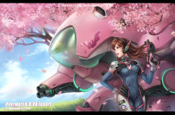 Rule 34 | 10s, 1girl, 2016, animal print, arm cannon, armor, artist name, blue sky, bodysuit, boots, bracer, breasts, breasts apart, brown eyes, brown hair, character name, charm (object), cherry blossoms, closed mouth, cloud, cloudy sky, copyright name, cowboy shot, d.va (overwatch), dated, day, emblem, facepaint, facial mark, finger on trigger, gatling gun, gloves, grass, gun, hand on own hip, hand up, handgun, headphones, highres, holding, holding gun, holding weapon, letterboxed, lips, lipstick, logo, long hair, long sleeves, makeup, mecha, medium breasts, meka (overwatch), monkeyyan, overwatch, overwatch 1, pauldrons, petals, pilot suit, pink lips, plant, rabbit print, ribbed bodysuit, robot, shoulder armor, shoulder pads, skin tight, sky, smile, solo, thigh boots, thigh gap, thigh strap, thighhighs, turtleneck, watermark, weapon, web address, whisker markings, white footwear, white gloves