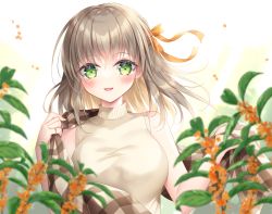 Rule 34 | 1girl, :d, bare arms, bare shoulders, blurry, blurry foreground, blush, bow, breasts, brown hair, brown sweater, commentary request, depth of field, flower, green eyes, hair bow, hands up, highres, holding, kohinata hoshimi, long hair, looking at viewer, medium breasts, open mouth, orange bow, orange flower, original, osmanthus, plaid, revision, shawl, sleeveless, sleeveless sweater, smile, solo, sweater, turtleneck, turtleneck sweater, upper body, white sweater