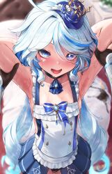 Rule 34 | 1boy, 1girl, absurdres, apron, arm grab, armpits, arms behind head, arms up, ascot, bare shoulders, black panties, blue eyes, blue hair, blue headwear, blue skirt, blush, breasts, brooch, brown gloves, choker, collarbone, cowlick, furina (genshin impact), genshin impact, gloves, hat, highres, jewelry, light blue hair, long hair, looking at viewer, low twintails, lumine (genshin impact), mini hat, multicolored hair, open mouth, padoruu, panties, skirt, small breasts, solo focus, steaming body, streaked hair, sweat, swept bangs, thighs, top hat, twintails, underwear, variant set, white apron, white hair