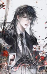 Rule 34 | 1boy, absurdres, bai liu, banknote, black gloves, black hair, black neckerchief, black suit, card, chuwanning78941, dropping, fire, floating, formal, gloves, highres, i became a god in a horror game, jacket, long hair, long sleeves, looking at viewer, male focus, money, neckerchief, shirt, suit, suit jacket, white shirt