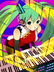 Rule 34 | 1girl, bad id, bad pixiv id, bridal gauntlets, green eyes, green hair, grin, hatsune miku, headphones, instrument, keyboard (instrument), leaning forward, long hair, looking at viewer, matching hair/eyes, sakuyamochi, smile, solo, twintails, vocaloid