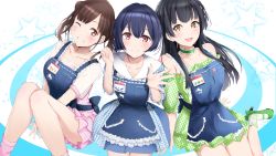 Rule 34 | 3girls, apron, bare shoulders, black hair, blue apron, blue dress, blue hair, blunt bangs, blush, breasts, brown eyes, brown hair, closed mouth, collarbone, double bun, dress, green dress, grin, hair bun, highres, idolmaster, idolmaster shiny colors, large breasts, long hair, looking at viewer, mayuzumi fuyuko, medium breasts, morino rinze, multiple girls, neofreet, off shoulder, open mouth, pink dress, plaid, plaid dress, red eyes, short hair, short twintails, sitting, small breasts, smile, sonoda chiyoko, thighs, twintails, two side up