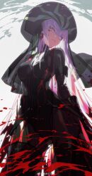 Rule 34 | 1girl, absurdres, black bodysuit, blood, blood on clothes, blunt bangs, bodysuit, fate/grand order, fate (series), heterochromia, highres, kingprotea (fate), long hair, looking at viewer, purple hair, solo, very long hair, xochitonal (fate), youling keke