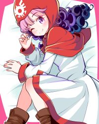 Rule 34 | 1girl, bed sheet, blue hair, boots, border, brown footwear, commentary request, curly hair, dragon quest, dragon quest ii, dress, gradient hair, hood, hood up, light blush, long hair, looking at viewer, lying, multicolored hair, on side, one eye closed, outside border, pink border, pink eyes, pink hair, princess of moonbrook, purple hair, red hood, saburouta (hox-666), solo, white dress