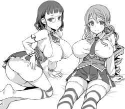 Rule 34 | 10s, 2girls, asanagi, ass, bare shoulders, breasts, corset, covered erect nipples, detached sleeves, feet, flat ass, glasses, greyscale, huge breasts, kantai collection, littorio (kancolle), long hair, long sleeves, miniskirt, monochrome, multiple girls, necktie, no panties, no shoes, ponytail, roma (kancolle), short hair, simple background, skirt, socks, soles, striped clothes, striped legwear, striped thighhighs, thighhighs, wavy hair, white background, zettai ryouiki