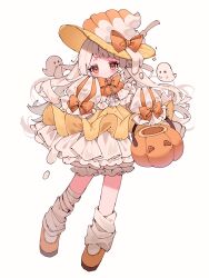 Rule 34 | 1girl, bandaged leg, bandages, basket, bloomers, blush, bow, bowtie, commentary, dress, food-themed clothes, ghost, halloween, halloween bucket, highres, holding, holding basket, layered dress, long hair, long sleeves, looking at viewer, orange bow, orange bowtie, orange eyes, orange footwear, original, simple background, sleeves past wrists, solo, standing, symbol-only commentary, underwear, upa papa co, white background, white bloomers, white dress, white hair, yellow dress, yellow headwear