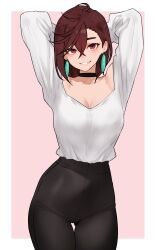 1girl absurdres arms_up ayase_momo black_choker bluefield breasts brown_eyes brown_hair choker cleavage commentary dandadan earrings english_commentary hair_between_eyes highres jewelry long_sleeves looking_at_viewer medium_breasts pendant_earring red_eyes short_hair smile solo