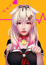 Rule 34 | 10s, 1girl, albino, bad id, bad pixiv id, belt, black ribbon, bow, breasts, coin (ornament), collar, eyelashes, female focus, hair flaps, hair ornament, hair ribbon, hairclip, heart, heartbeat, kantai collection, large breasts, long hair, looking at viewer, orange background, red bow, red eyes, red lips, rhasta, ribbon, school uniform, serafuku, solo, star (symbol), upper body, white background, yuudachi (kancolle), yuudachi kai ni (kancolle)