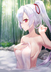 Rule 34 | 1girl, bamboo, bamboo forest, bath, bathing, covering privates, fate (series), forest, hair ribbon, looking at viewer, naked towel, nature, nude, nude cover, onigiri-kun (demmy), onsen, ponytail, red eyes, ribbon, silver hair, solo, tomoe gozen (fate), towel, upper body, wet