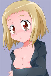Rule 34 | 1girl, :o, blonde hair, blush, breasts, brown eyes, collarbone, nipples, open mouth, shishinon, short hair, simple background, sketchbook full colors, solo, torikai hazuki, undressing