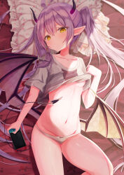 Rule 34 | 1girl, absurdres, blush, breasts, clothes lift, demon girl, demon horns, demon tail, demon wings, double-parted bangs, dragon wings, embarrassed, empty eyes, grey hair, groin, hair between eyes, handheld game console, highres, holding, holding handheld game console, horns, izuno (izunoyoshiki), lifting own clothes, light purple hair, long hair, looking at viewer, lying, navel, nintendo switch, no bra, no pants, on back, on bed, original, panties, pillow, pointy ears, shirt, shirt lift, short sleeves, sidelocks, small breasts, solo, stomach, tail, twintails, underboob, underwear, very long hair, white panties, white shirt, wings, yellow eyes