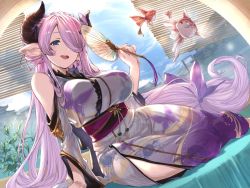 Rule 34 | 1girl, bare shoulders, blue eyes, breasts, detached sleeves, draph, earrings, granblue fantasy, hair over one eye, horns, japanese clothes, jewelry, kimono, large breasts, long hair, narmaya (granblue fantasy), pink hair, pointy ears, smile, solo, very long hair, youmou usagi