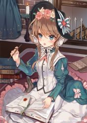 Rule 34 | 1girl, bad id, bad pixiv id, blue eyes, blush, book, bookmark, breasts, brick wall, brown flower, brown hair, brown rose, brown scarf, burning, candle, character request, commentary request, dress shirt, fire, firewood, flower, frilled skirt, frills, fringe trim, green jacket, hair between eyes, hair flower, hair ornament, holding, holding pen, jacket, juliet sleeves, laurelfalcon, long sleeves, looking at viewer, low twintails, official art, on floor, open book, open clothes, open jacket, open mouth, pen, pink flower, pink rose, puffy sleeves, rose, scarf, shirt, sid story, sitting, skirt, small breasts, solo, twintails, unworn scarf, watermark, white shirt, white skirt