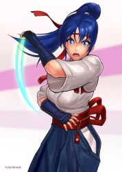 Rule 34 | 1girl, blue eyes, blue hair, breasts, commentary, dougi, fingerless gloves, gloves, hakama, hakama skirt, headband, hybridmink, japanese clothes, long hair, looking at viewer, ponytail, ryuuko no ken, skirt, solo, the king of fighters, toudou kasumi