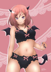 Rule 34 | 1girl, absurdres, artist name, artist request, bare shoulders, black bra, black nails, black panties, blush, bow, bow bra, bow panties, bra, breasts, collarbone, demon horns, demon tail, fake demon horns, female focus, hair between eyes, highres, horns, looking at viewer, love live!, love live! school idol project, medium breasts, nail, nail polish, nishikino maki, panties, parted lips, pink background, pink bow, purple eyes, red hair, short hair, smile, solo, tail, underwear