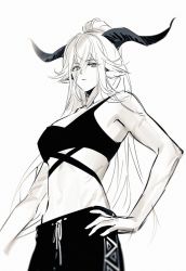 Rule 34 | 1girl, arknights, bare shoulders, commentary request, crop top, degenbrecher (arknights), hand on own hip, highres, horns, long hair, looking at viewer, midriff, monochrome, pienahenggou, simple background, solo, sports bra, stomach, upper body, very long hair, white background