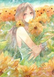 Rule 34 | 1girl, blush, brown eyes, brown hair, field, flower, flower field, holding, holding flower, long hair, looking to the side, hugging object, original, outdoors, painting (medium), parted bangs, parted lips, potato (popopopopo623), sleeveless, solo, sunflower, sunflower field, traditional media, watercolor (medium)