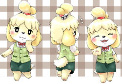 Rule 34 | 1girl, :3, animal crossing, animal ears, animal hands, bell, black eyes, blonde hair, blush, breasts, brown background, closed eyes, dog ears, dog tail, feet, female focus, from behind, full body, furry, furry female, furuya muku, green skirt, green vest, hair bell, hair ornament, hair tie, hand on own face, hand up, happy, isabelle (animal crossing), jingle bell, jpeg artifacts, looking back, multiple views, nintendo, open mouth, outstretched arm, pencil skirt, red ribbon, ribbon, shirt, short hair, short sleeves, simple background, skirt, small breasts, smile, standing, tail, vest, white shirt