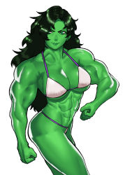 Rule 34 | 1girl, abs, animification, bikini, black hair, breasts, cessa, cleavage, clenched hands, colored skin, cowboy shot, flexing, green eyes, green skin, highres, large breasts, long hair, looking at viewer, marvel, muscular, muscular female, she-hulk, simple background, smile, solo, swimsuit, white background, white bikini