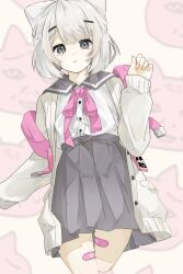 Rule 34 | 1girl, bandaid, bandaid on leg, black eyes, blurry, blurry background, bob cut, bow, cardigan, character background, closed mouth, cropped legs, double strap slip, finder oji-san, frown, grey sailor collar, grey skirt, hair bow, hair ornament, hairclip, half updo, hand up, high-waist skirt, highres, indie virtual youtuber, long sleeves, looking at viewer, neck ribbon, open cardigan, open clothes, pink ribbon, pleated skirt, raised eyebrows, recurring image, ribbon, rui take, sailor collar, school uniform, serafuku, shirt, shirt tucked in, short hair, skirt, solo, tearing up, uyuyu-chang, virtual youtuber, white bow, white cardigan, white hair, white shirt