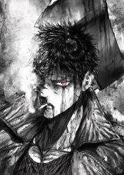 Rule 34 | 1boy, axe, blood, cigarette, coat, commentary, english commentary, greyscale, highres, holding, holding weapon, making-of available, male focus, manly, monochrome, mouth hold, one-punch man, open clothes, open coat, over shoulder, portrait, red eyes, scar, shirt, solo, spot color, the golden smurf, weapon, weapon over shoulder, zombie, zombieman