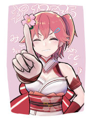Rule 34 | 1girl, armband, bare shoulders, belt, belt buckle, bikkusu, blush, breasts, buckle, cherry blossom print, cherry blossoms, cleavage, cleavage cutout, closed eyes, clothing cutout, detached sleeves, floral print, flower, hair flower, hair ornament, hairclip, highres, hololive, index finger raised, medium breasts, medium hair, no ahoge, nontraditional miko, one side up, pink hair, red sleeves, sakura miko, sakura miko (old design), simple background, solo, upper body, virtual youtuber