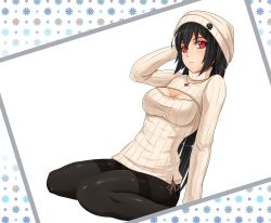 Rule 34 | 1girl, black hair, black panties, black pantyhose, blush, breasts, cleavage, cleavage cutout, clothing cutout, hat, highres, lace, lace-trimmed panties, lace trim, large breasts, long hair, looking at viewer, meme attire, midnight (banyex), open-chest sweater, original, panties, panties under pantyhose, pantyhose, red eyes, ribbed sweater, sitting, solo, sweater, thighband pantyhose, turtleneck, underwear, wariza