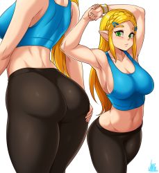Rule 34 | 1girl, absurdres, armpits, arms up, ass, ass focus, blonde hair, blue shirt, braid, breasts, highres, jmg, large breasts, long hair, midriff, multiple views, navel, nintendo, pointy ears, princess zelda, shirt, signature, simple background, stretching, tank top, the legend of zelda, the legend of zelda: breath of the wild, thick eyebrows, thick thighs, thighs, white background